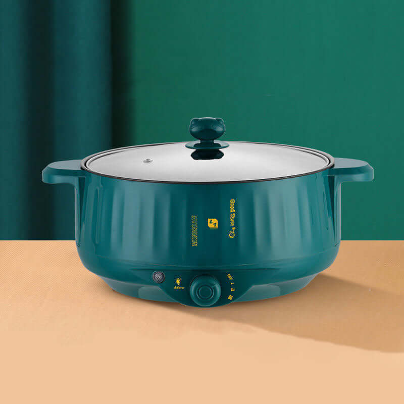 Electric teal cooking pot with glass lid and temperature control, kitchen appliance