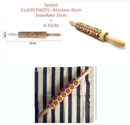 Wooden embossed rolling pin with snowflake and reindeer patterns, 35cm, kitchen accessory.