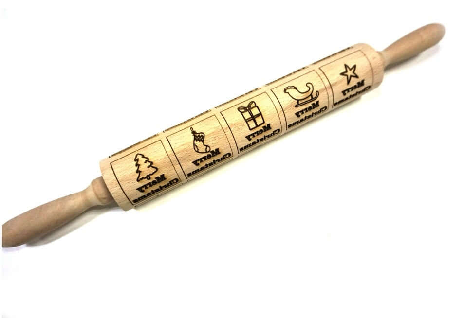 Wooden embossed rolling pin with Christmas-themed designs and engraved holiday icons.