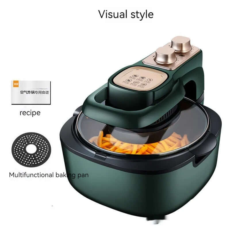 Modern electric air fryer with digital controls, glass lid, fries inside, recipe card, baking pan