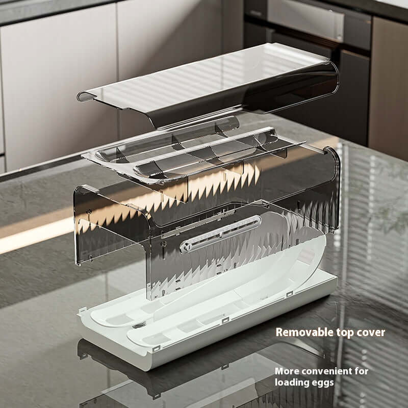 Transparent egg storage container with removable lid for kitchen organization on countertop