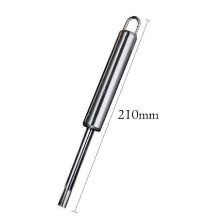 Stainless steel apple corer with handle, 210mm long, kitchen tool on white background