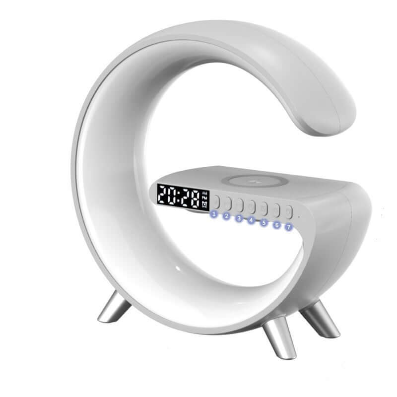 Modern white digital alarm clock with LED display and minimalist curved design for kitchen or bedroom