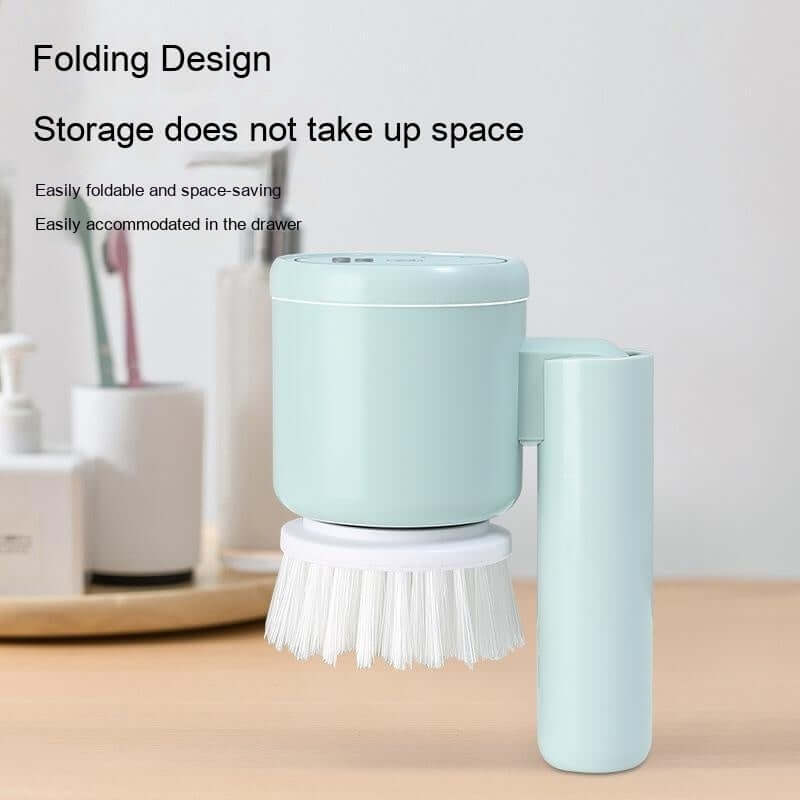 Foldable electric cleaning brush with handle, light blue, on kitchen countertop