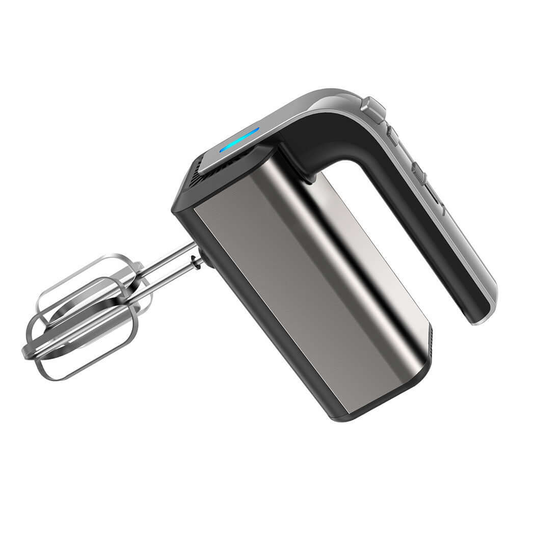 Modern electric hand mixer with stainless steel beaters, kitchen appliance on white background