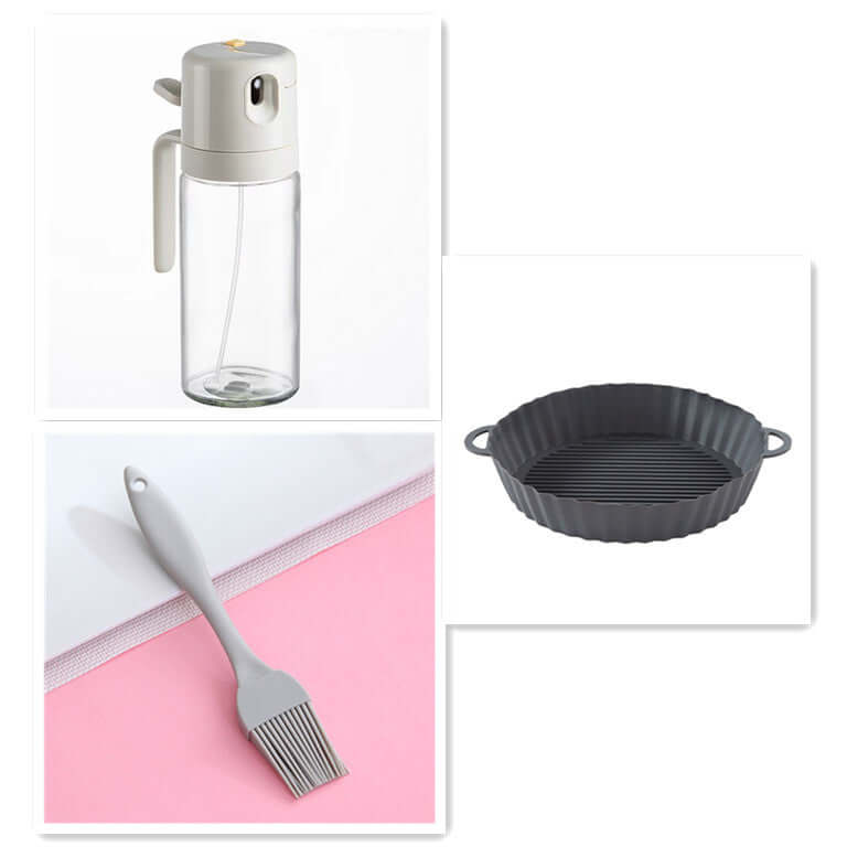 Kitchen accessories set with oil sprayer, silicone basting brush, and black grill pan