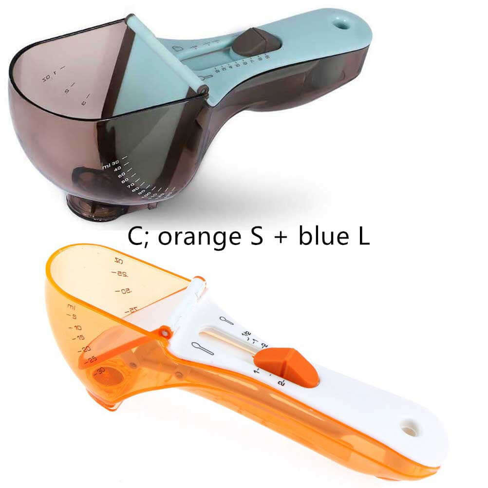 Adjustable measuring scoops in orange and blue for kitchen baking and cooking.