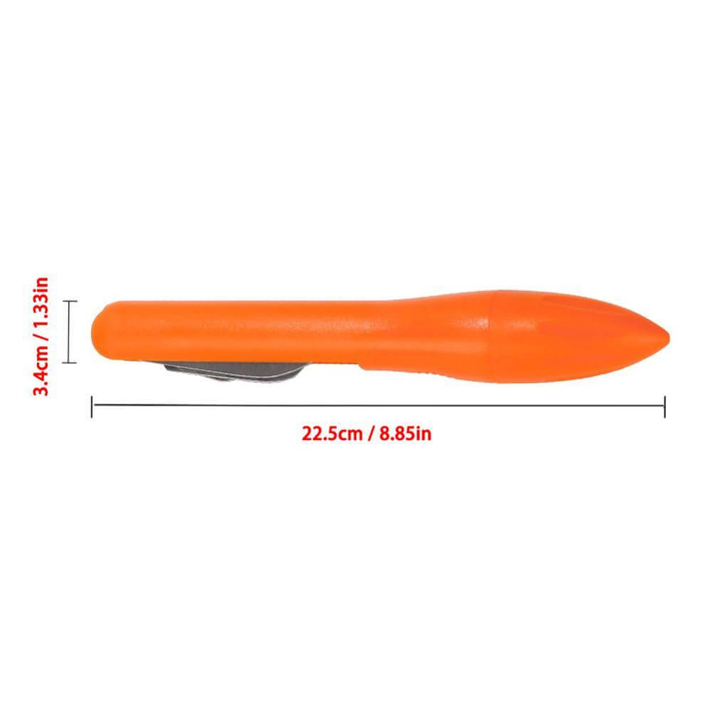 Orange kitchen peeler tool, 22.5cm long, with blade and ergonomic handle, on white background