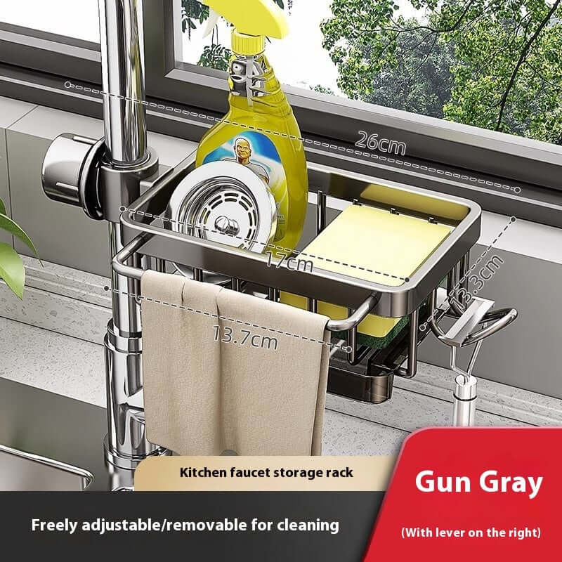 Gun gray kitchen faucet storage rack with towel bar, holding dish soap and sponge, adjustable design.