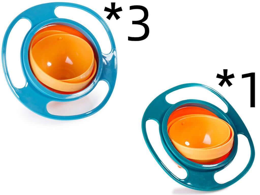 Spill-proof gyroscopic snack bowls in blue and orange with quantities shown as 3 and 1.