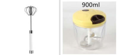 Stainless steel hand whisk and 900ml manual food chopper with yellow lid for kitchen use