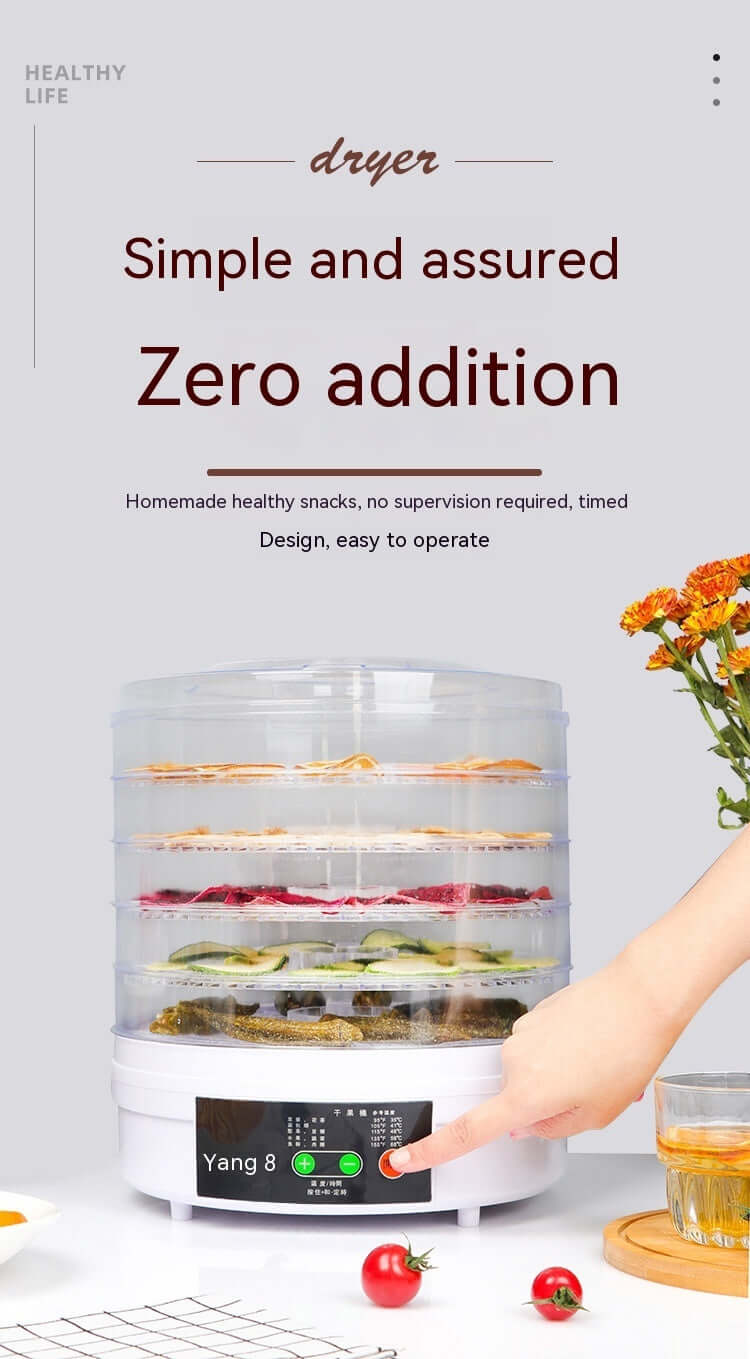 Multi-layer food dehydrator for homemade healthy snacks on a kitchen counter