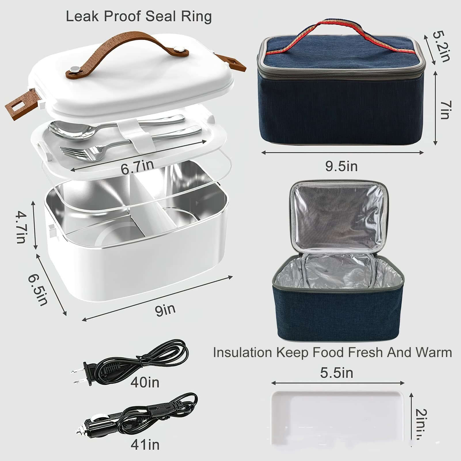 Electric lunch box with leak-proof lid, stainless steel compartments, insulated carry bag, and power cords, kitchen accessory.