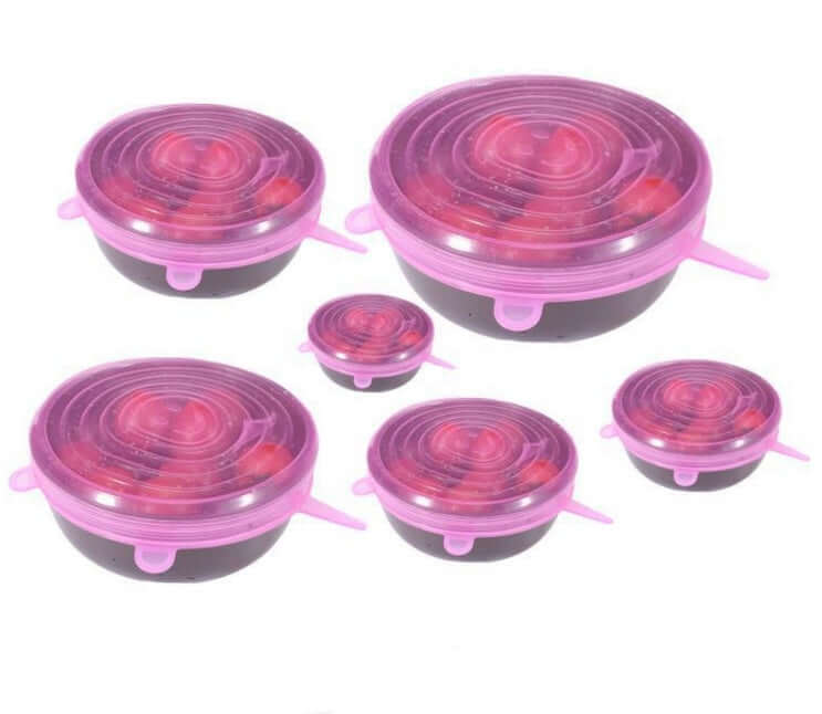 Set of six round food storage containers with pink lids, ideal for kitchen organization.