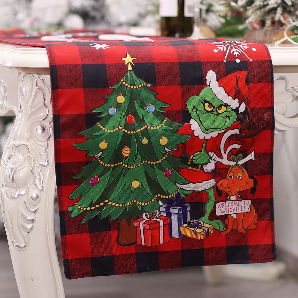 Christmas table runner with Grinch and Max design, plaid pattern, holiday kitchen decor