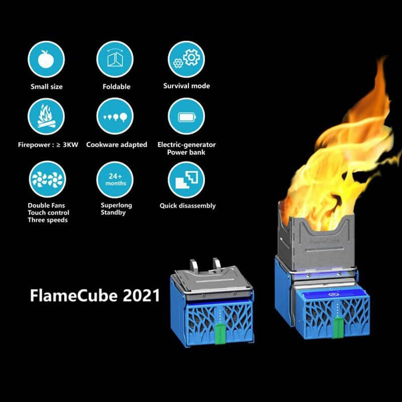 Portable folding camping stove with blue base, fire, and feature icons on black background.