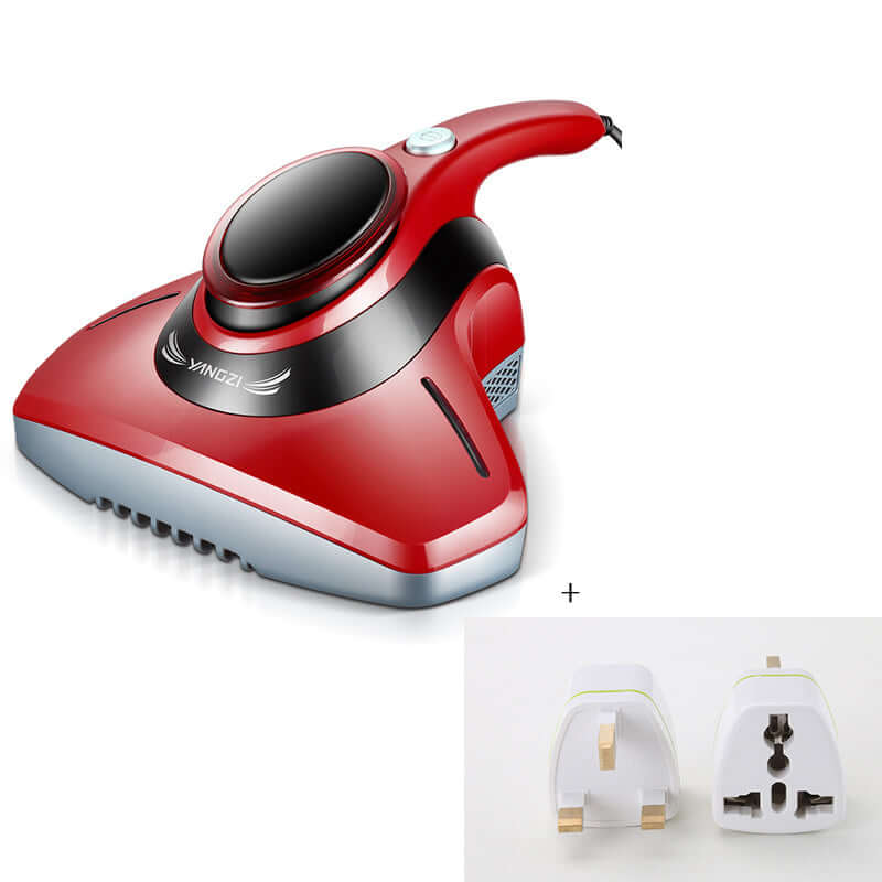 Red handheld vacuum cleaner with two international power plug adapters on a white background