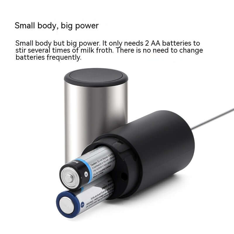 Battery-powered milk frother with 2 AA batteries, black and stainless steel design.