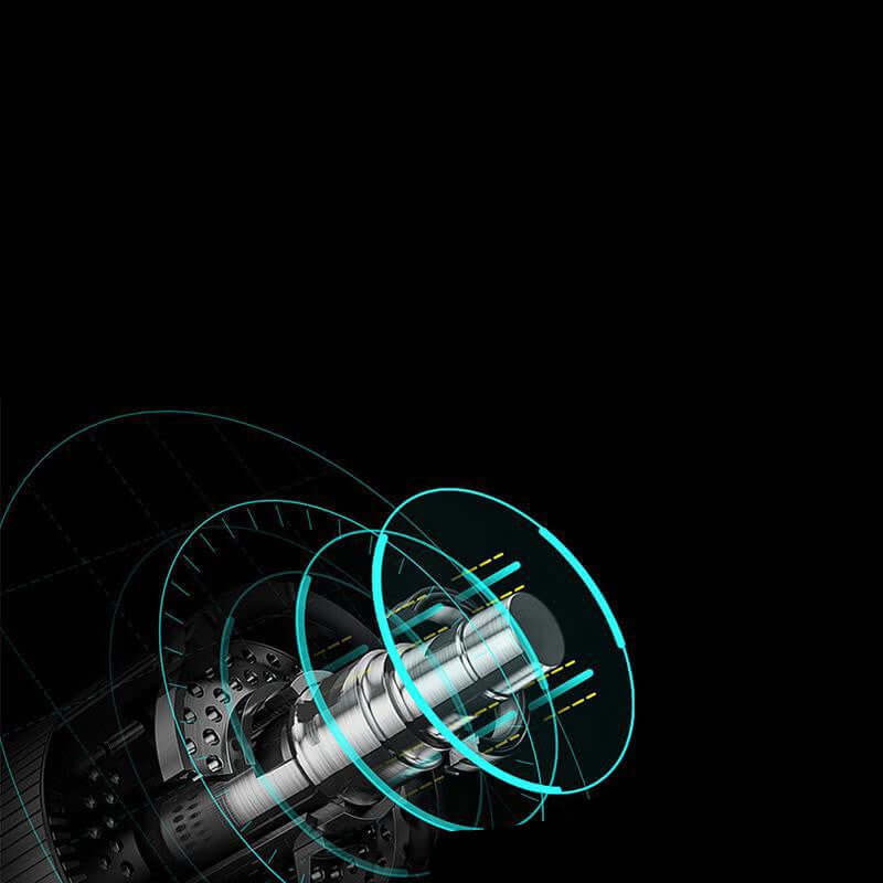 Close-up of a metallic motor shaft with blue digital overlay, kitchen appliance technology