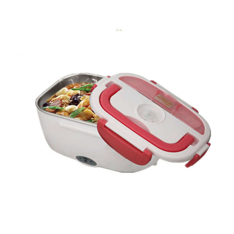 Electric lunch box with red lid, filled with food, ideal for portable meal heating
