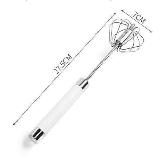 Stainless steel hand whisk with white handle, 27.5cm long and 7cm wide, kitchen utensil