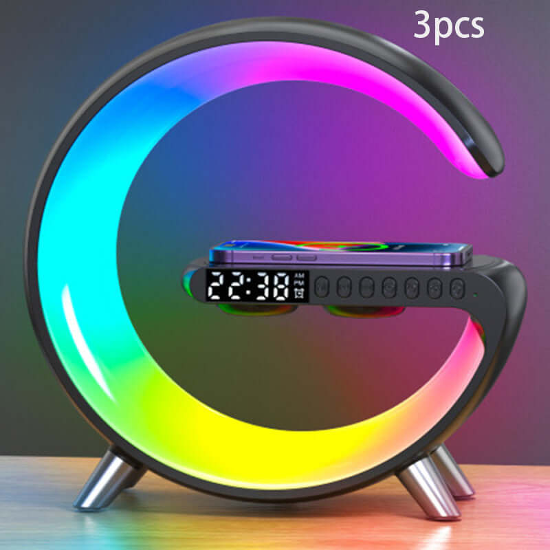 Modern LED crescent lamp with digital clock, wireless phone charging, and colorful lights