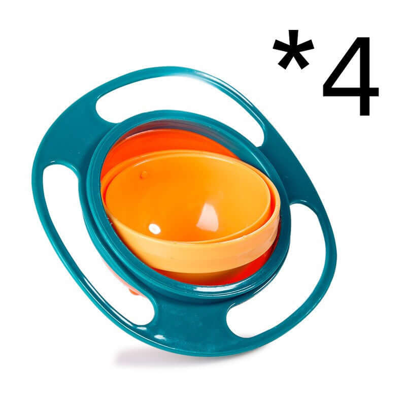 Set of four spill-proof gyro bowls for kids, orange and teal, kitchen accessory