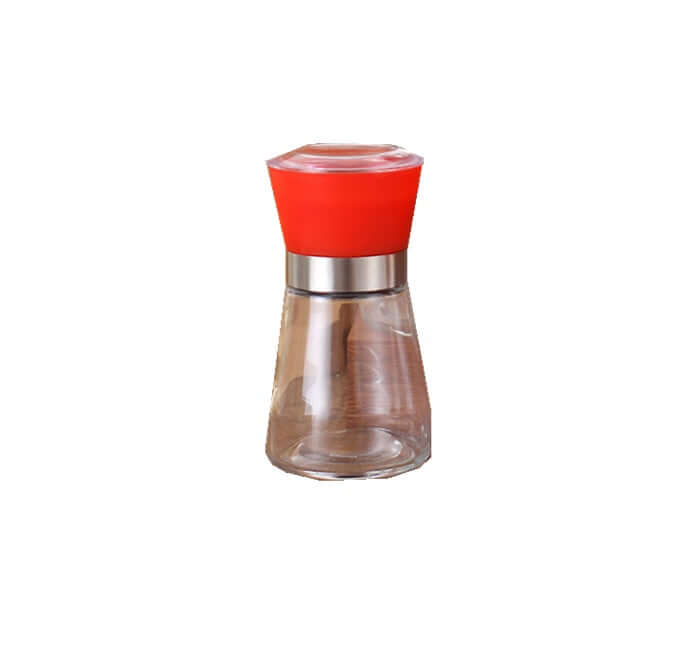 Glass spice grinder with red top and stainless steel accent for kitchen use