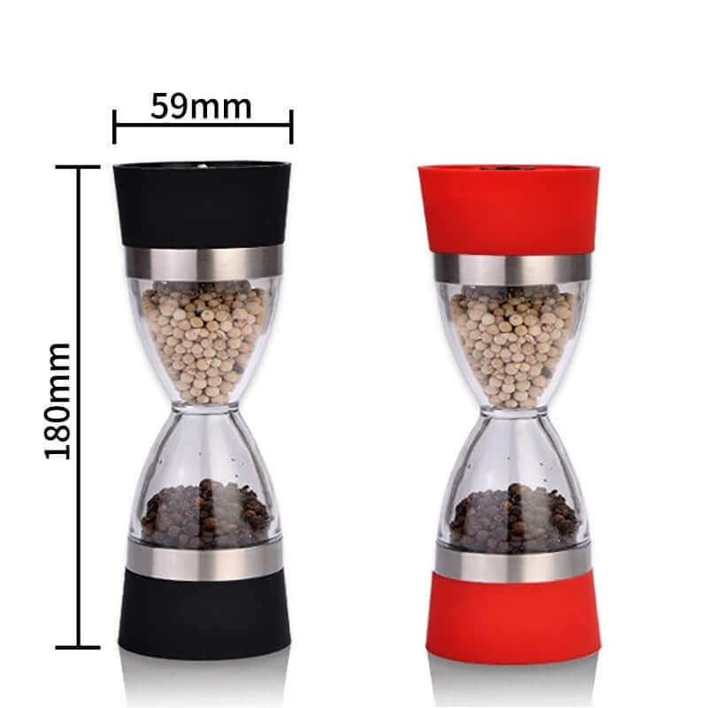 Dual-ended pepper and salt grinder with black and red tops, 180mm tall, 59mm wide