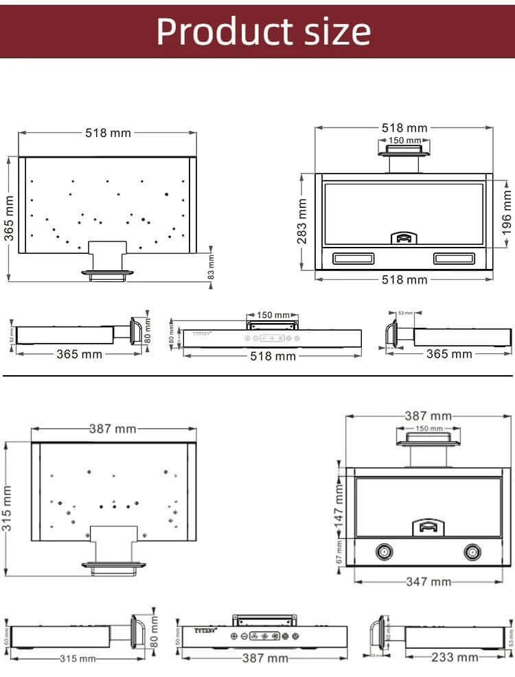 Technical diagram showing kitchen range hood product dimensions and specifications.