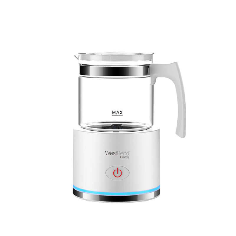 Electric glass kettle with handle and power button on white background