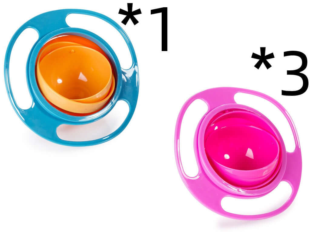 Blue orange and pink spill-proof gyroscopic bowls for kids with handles, kitchen accessory