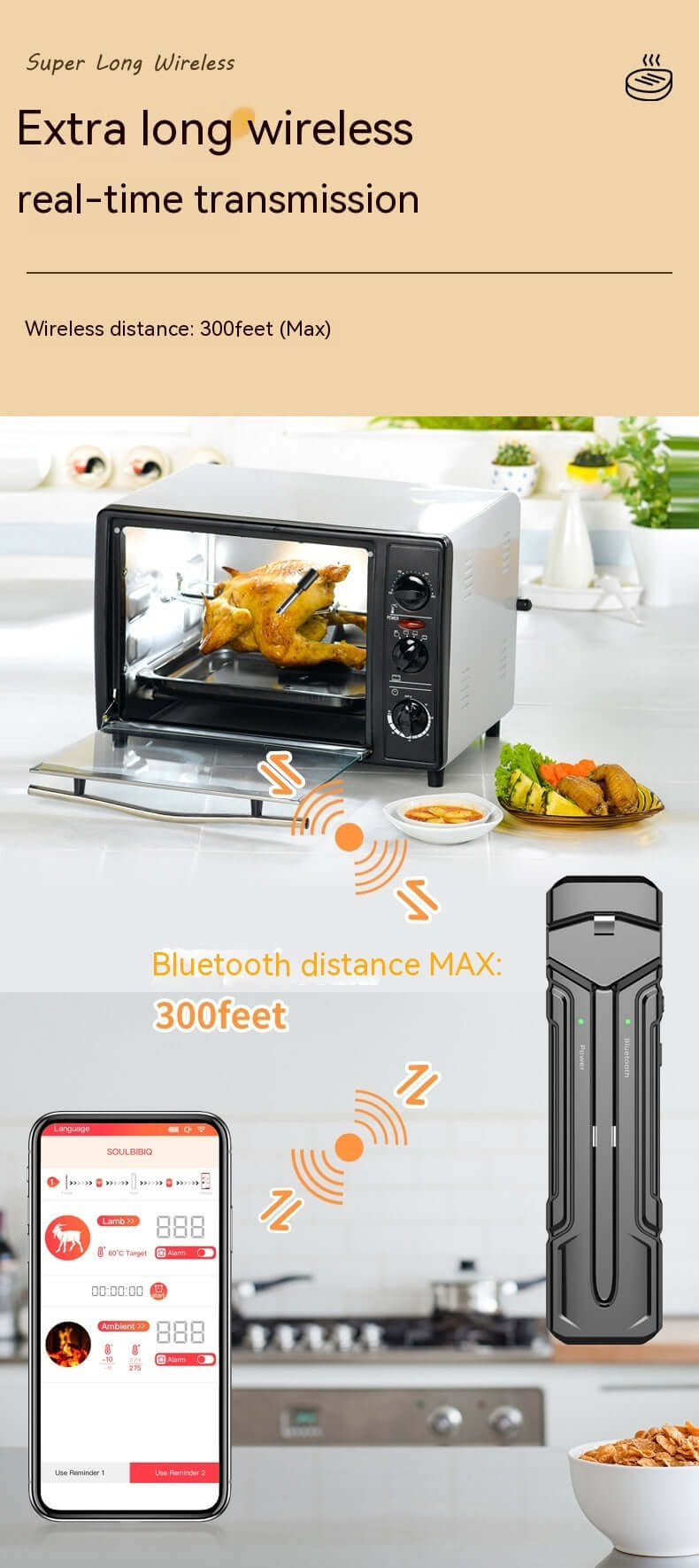Wireless Bluetooth meat thermometer with 300ft range, shown in oven with app control for kitchen cooking