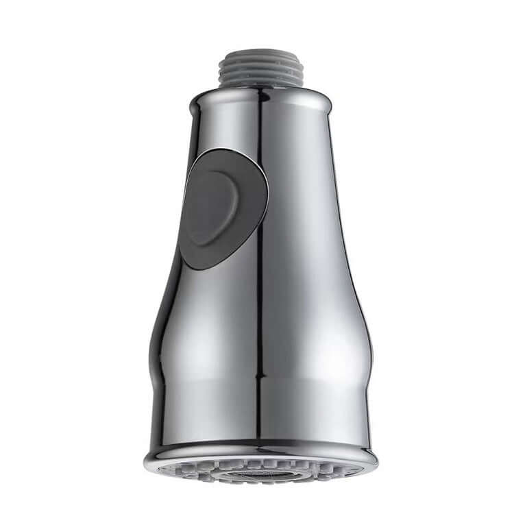 Chrome kitchen faucet spray head replacement with push button, isolated on white background