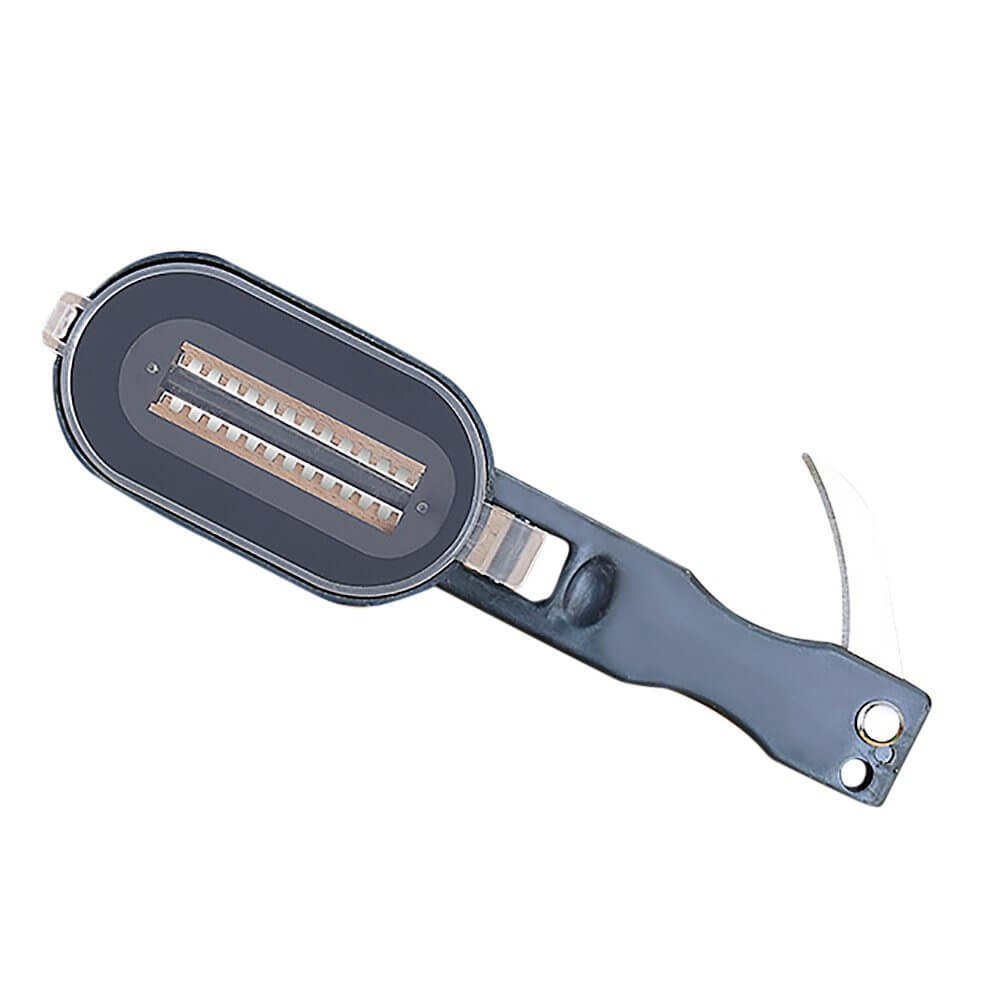 Stainless steel kitchen peeler and grater tool with ergonomic handle on white background