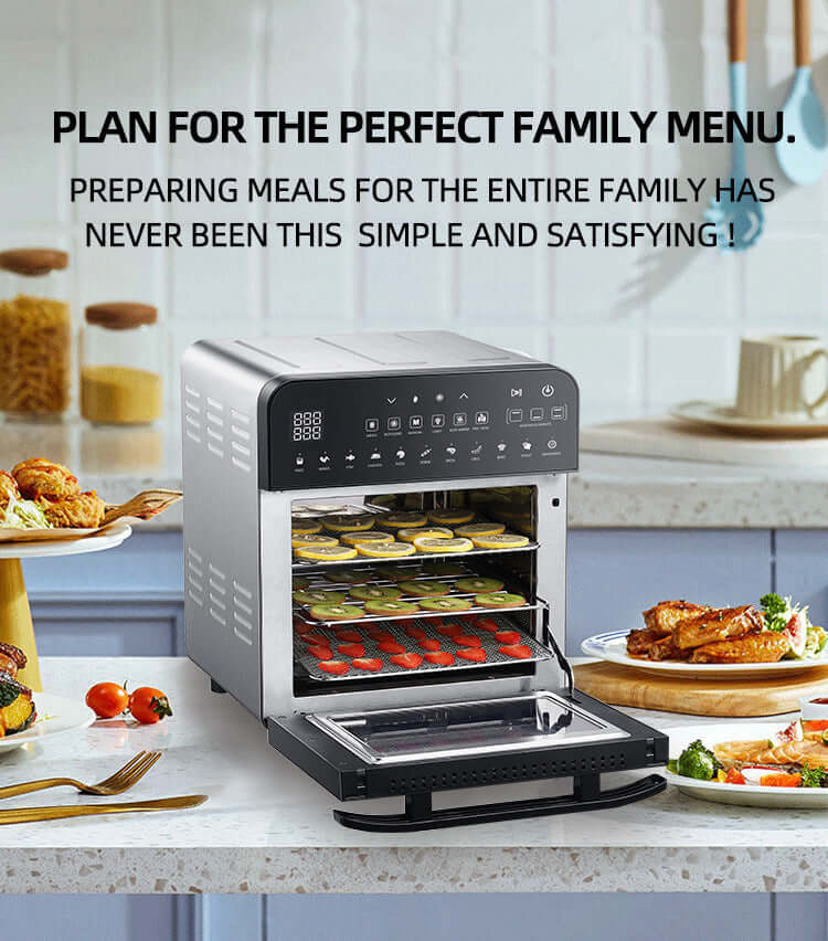 Digital countertop food dehydrator with sliced fruits on trays in a modern kitchen setting