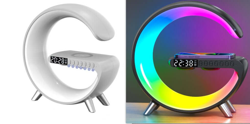 Modern G-shaped alarm clocks with LED display, wireless charging, and colorful night light