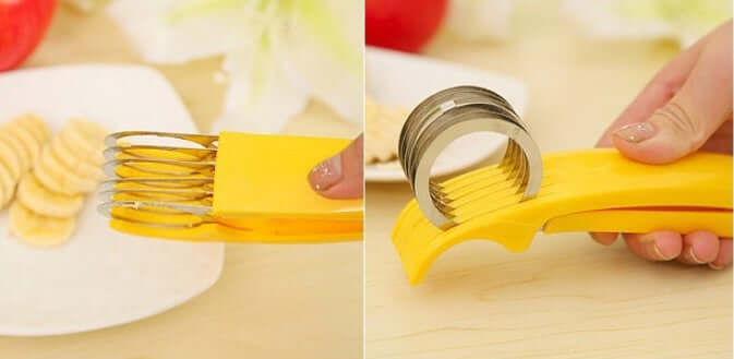 Yellow banana slicer kitchen gadget cutting banana into even slices on a plate