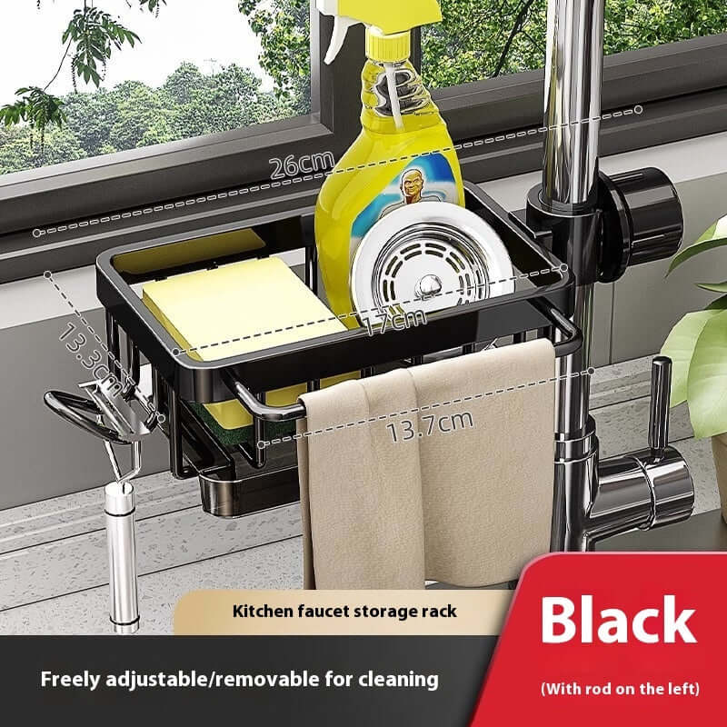 Black kitchen faucet storage rack with towel bar and space for sponges and cleaning bottles