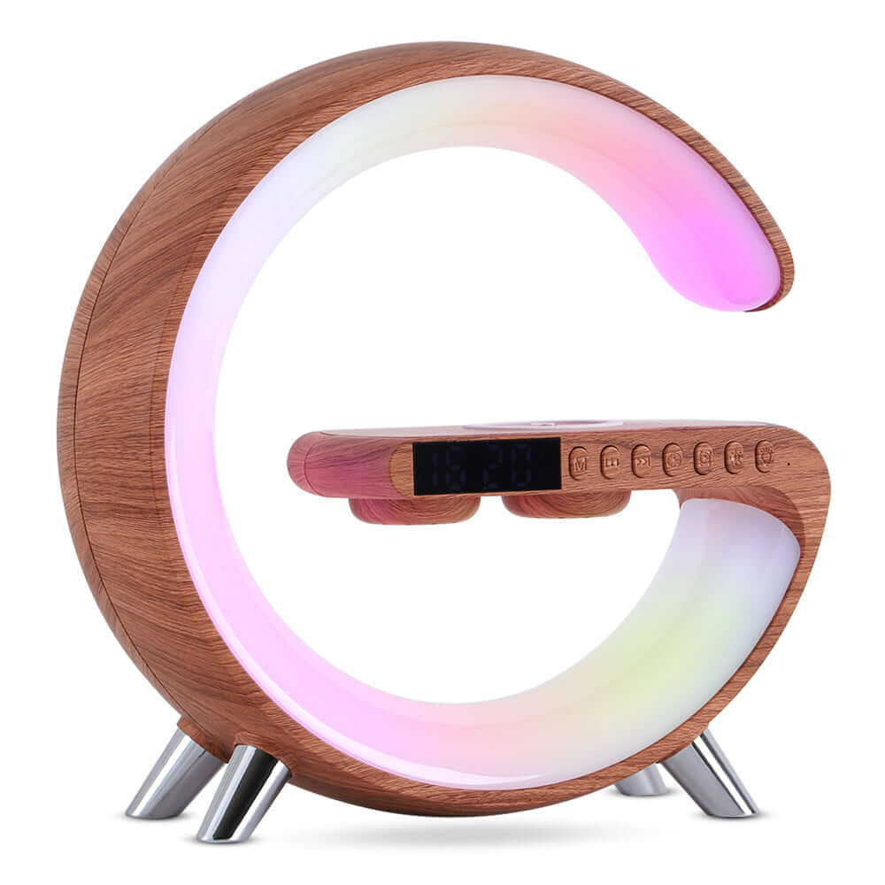 Modern wooden LED clock with curved design, digital display, touch buttons, and ambient light