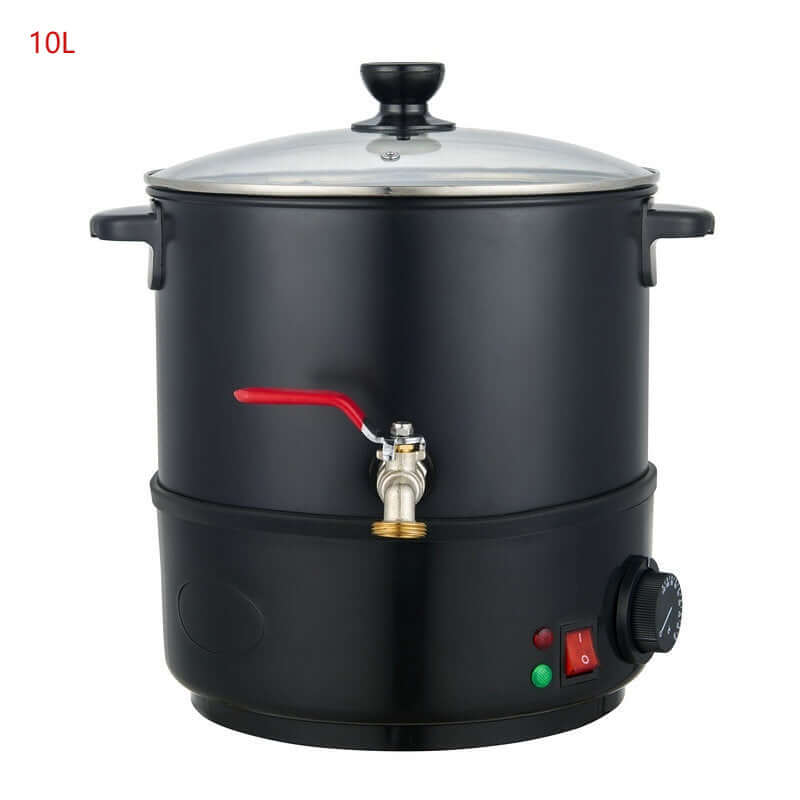10L electric kitchen appliance with black body, glass lid, spout, and control knob