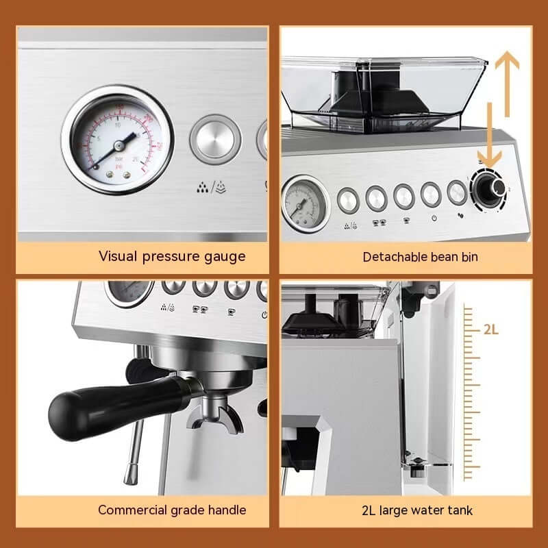 Espresso machine with pressure gauge, detachable bean bin, commercial handle, 2L water tank.