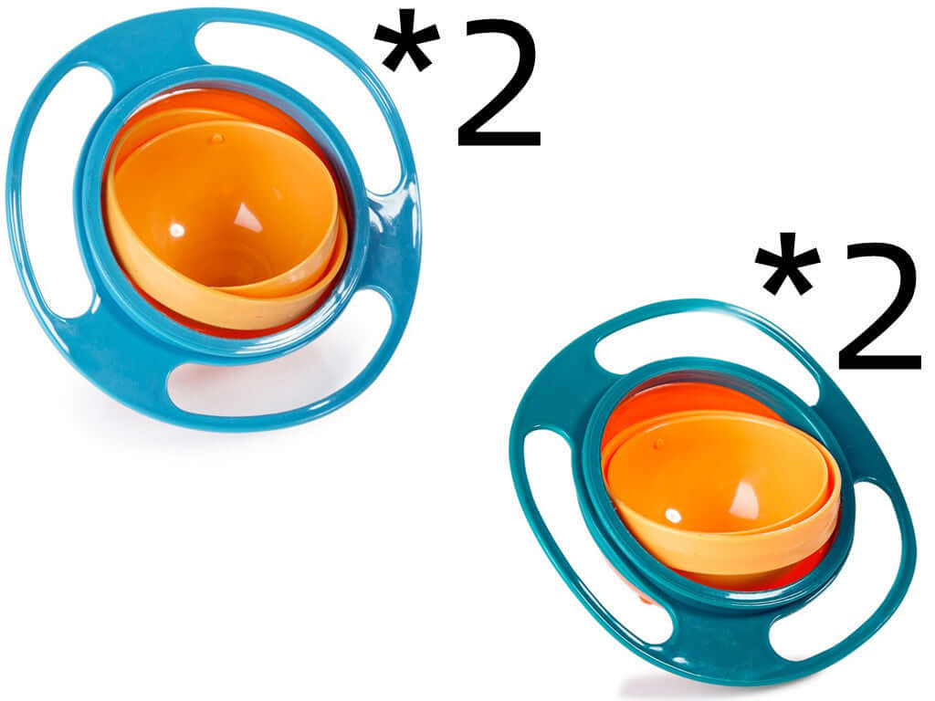 Set of two spill-proof gyro bowls with orange interior and blue handles for kitchen use