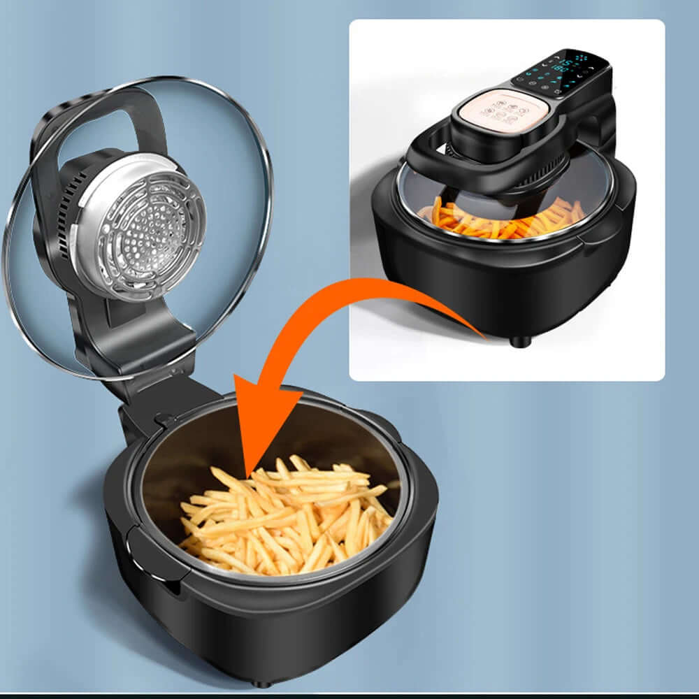 Digital air fryer oven for kitchen with fries inside and touch screen controls