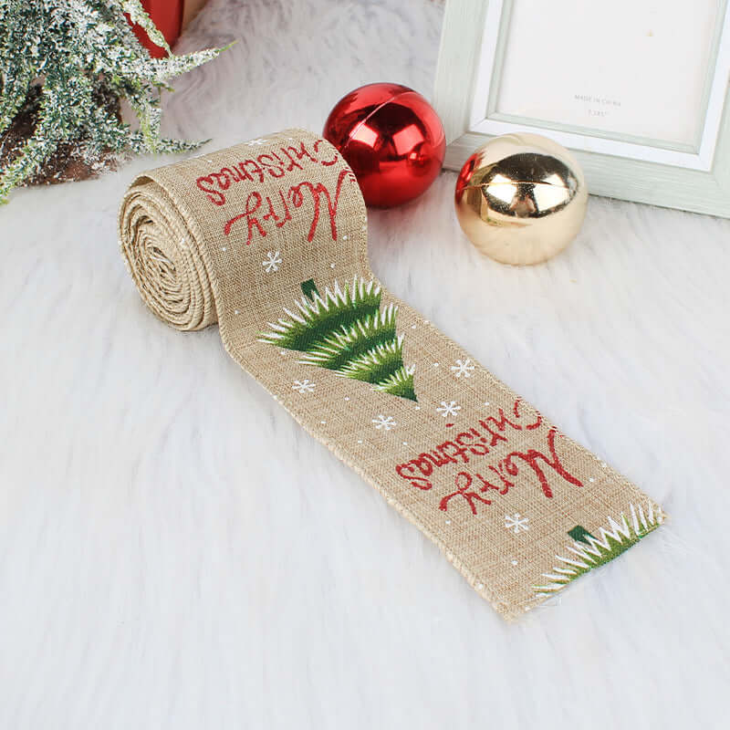Christmas burlap ribbon with tree design and &