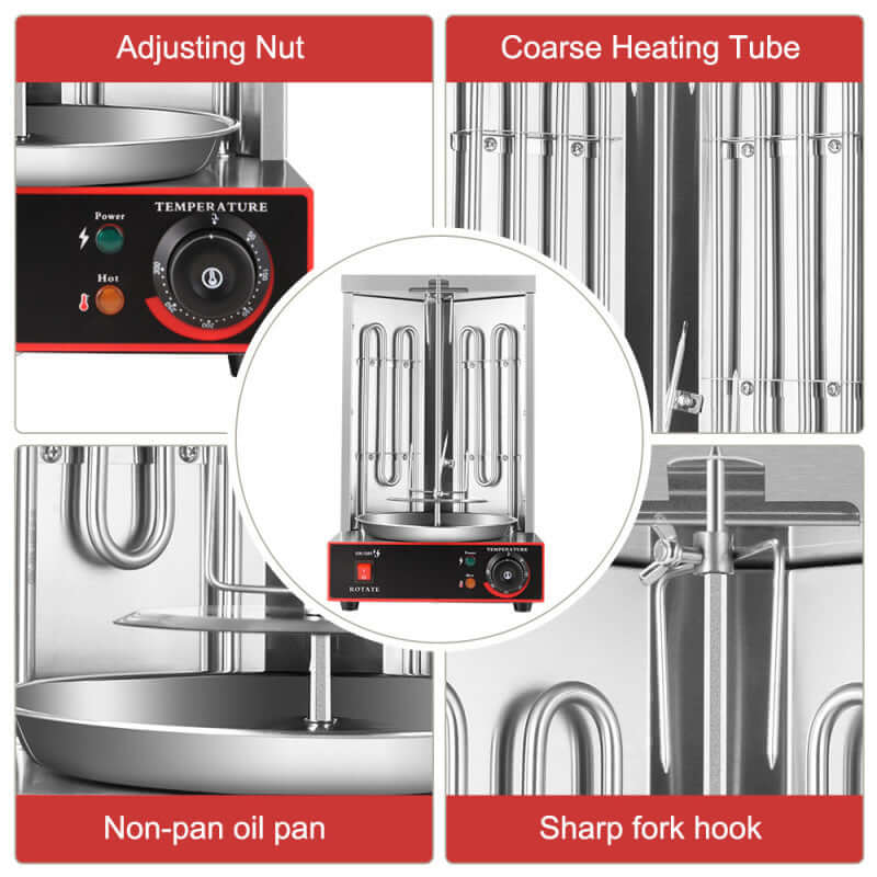 Stainless steel vertical rotisserie machine with adjustable knobs, heating tube, oil pan, and fork hook, ideal for kitchen cooking.