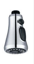 Chrome kitchen faucet spray head replacement with black buttons, isolated on white