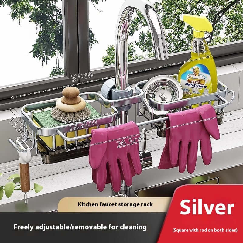 Silver kitchen faucet storage rack holding cleaning supplies, gloves, and utensils