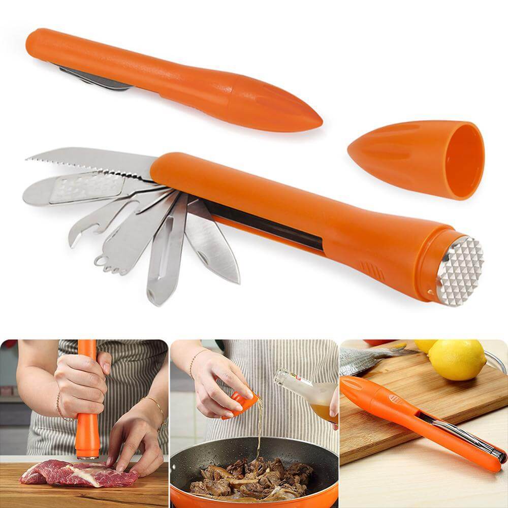 Orange multifunctional kitchen gadget with various utensils, meat tenderizer, and cook prep scenes.