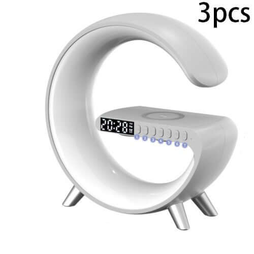 Modern white digital alarm clock with unique curved design, LED display, and buttons, set of 3